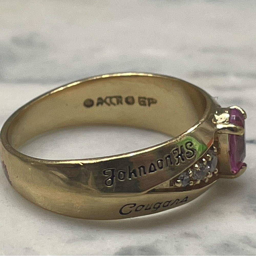 Vintage 1995 Class Ring Gold plated Pink Pear Stone CZ Accent Wildcats HS Size 6 - Picture 9 of 15
